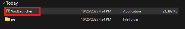 A screenshot of a computers file manager with the VoidLauncher application highlighted.