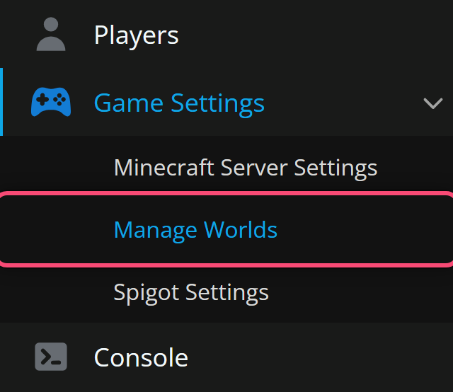 The server panel sidebar with Game Settings expanded and Manage Worlds outlined in red.