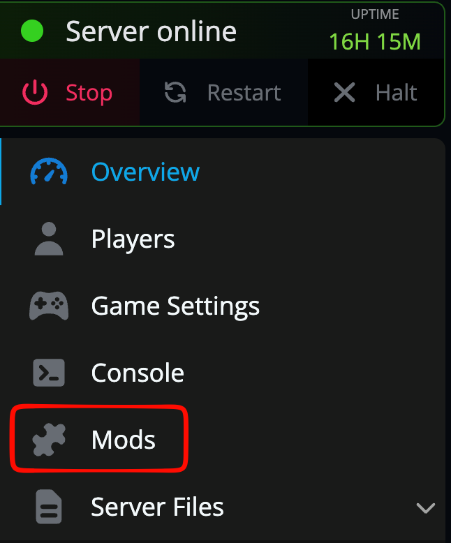 Hytale server control panel with the Mods section selected in the sidebar menu.