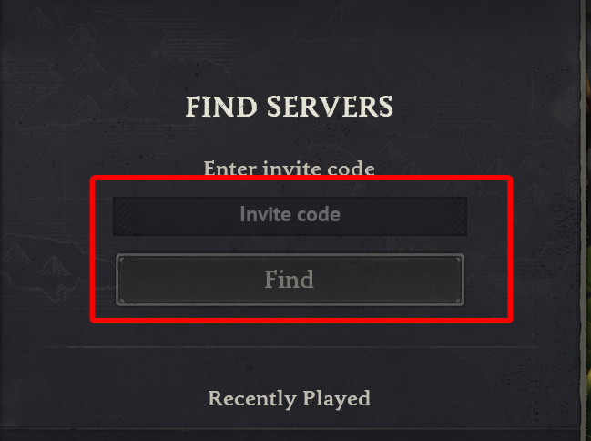 Windrose Find Servers screen with the Invite code field and Find button highlighted.