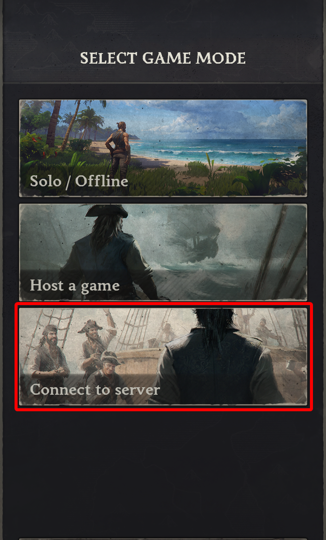 Windrose menu showing the Connect to server option.