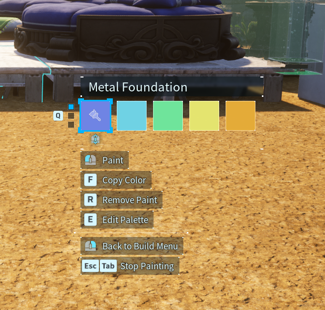 Metal Foundation paint menu displaying available color swatches and paint options while editing a base structure.