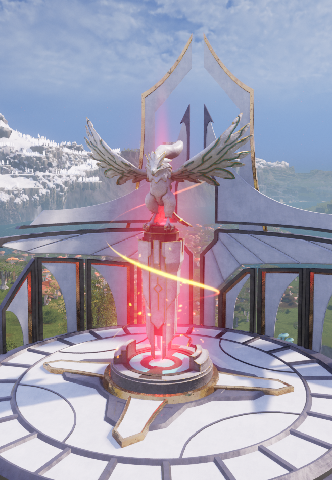 An inactive Fast Travel Watchtower in Palworld before it has been unlocked, featuring an unlit Pal statue and red energy surrounding the activation pedestal.