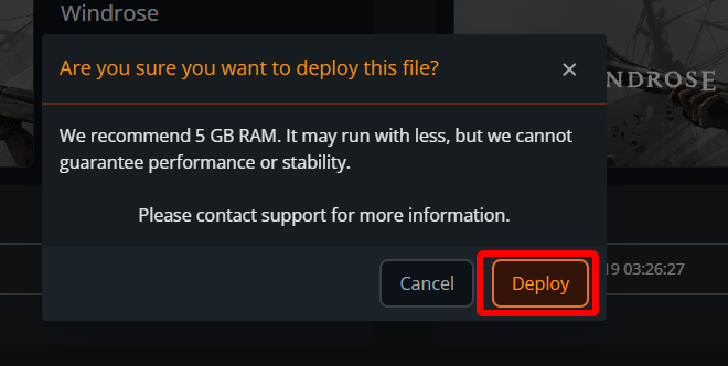 Windrose update confirmation window with the Deploy button highlighted after a RAM recommendation warning.