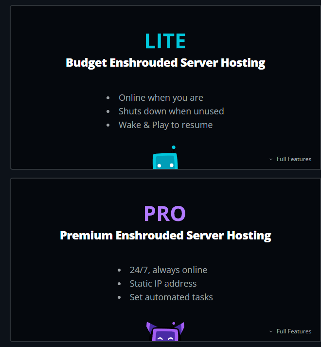 Two dark pricing cards labeled LITE and PRO with teal and purple headings, brief feature bullets, and small cartoon robot icons at the bottom.