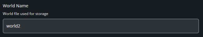 The Valheim Server Settings page showing the World Name field set to world2.