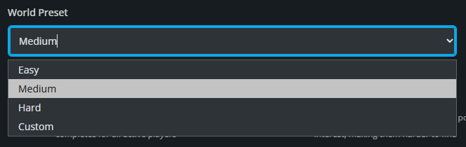 Windrose world preset dropdown in the Nodecraft panel showing Easy, Medium, Hard, and Custom options.