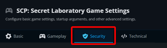 Security tab selected within the SCP: Secret Laboratory game settings page, where server security and reporting features can be configured.