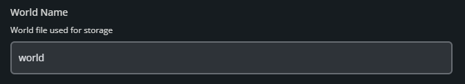 Dark settings panel showing World Name with a text field displaying 'world' under the subtitle World file used for storage.