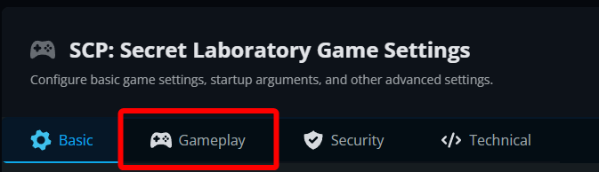 Gameplay tab selected within the SCP: Secret Laboratory game settings page for configuring gameplay mechanics.