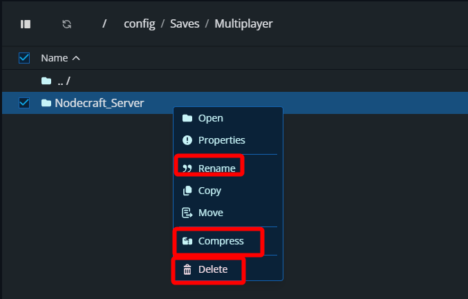 The Nodecraft_Server save folder selected in the File Manager, with the folder options menu open and Rename, Compress, and Delete visible.