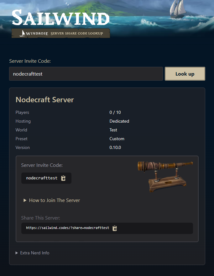 Lookup results on sailwind.codes for a Windrose Server Invite Code, detailing the number of players, hosting type, world, preset, and version.