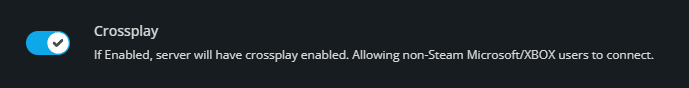 Dark settings bar showing a blue-on Crossplay toggle enabled, with text about allowing non-Steam Microsoft/XBOX users to connect.