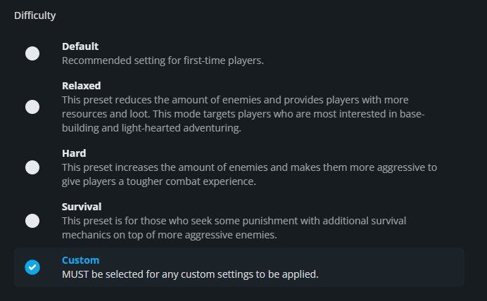 Enshrouded Difficulty settings showing Default, Relaxed, Hard, Survival, and Custom presets, with Custom selected for applying individual server settings.