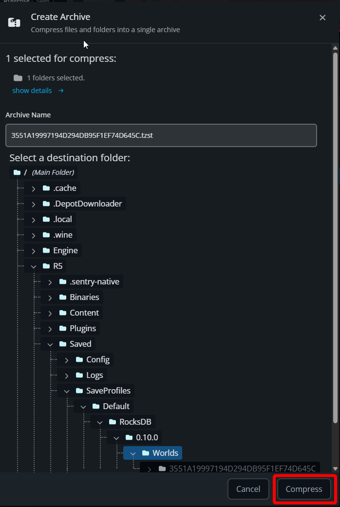Create Archive window in the Nodecraft File Manager with the Compress button highlighted to archive a Windrose world folder.