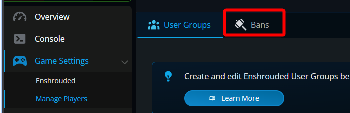 Dark admin interface with left menu and right panel showing User Groups and Bans tabs; Bans tab outlined in red.