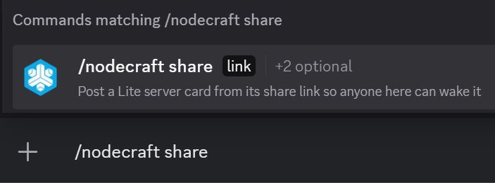 Dark UI panel showing Discord slash command help for /nodecraft share with a link badge, '+2 optional', and a bottom command row.