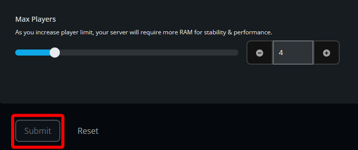 Nodecraft Windrose server settings page with the Submit button highlighted below the Max Players section.