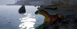 A colorful creature with yellow, red, and black stripes standing on a grassy shore next to a calm lake with rock formations and a distant misty coastline.