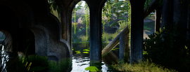 A view through dark stone archways into a flooded courtyard filled with calm water, lily pads, and lush green trees under bright sunlight.