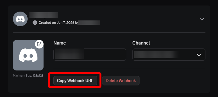 Discord webhook settings displaying the Copy Webhook URL button used to retrieve the webhook address.