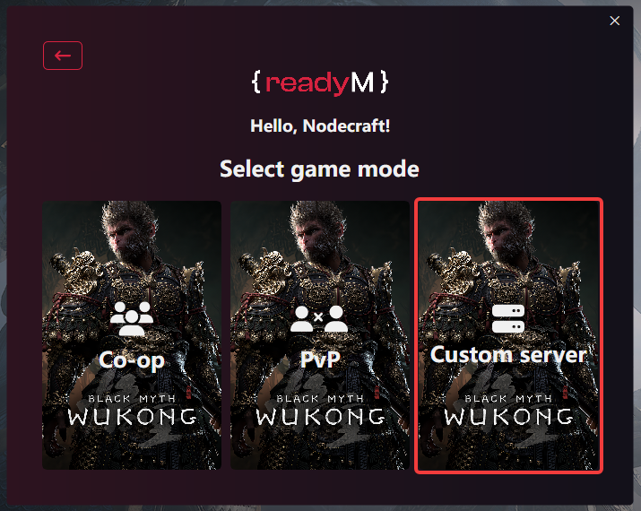 ReadyM launcher screen for Black Myth: Wukong showing selectable multiplayer game modes including Co-op, PvP, and Custom Server.