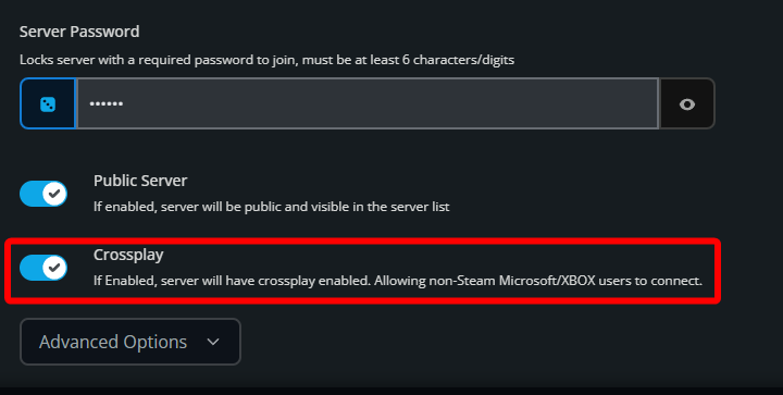 The Basic settings section showing the Crossplay option enabled, allowing non-Steam Microsoft and Xbox users to connect to the server.
