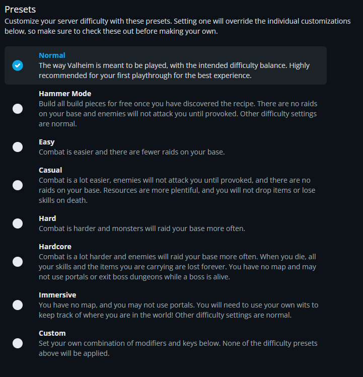 Settings screen showing Presets, with Normal selected; options: Hammer Mode, Easy, Casual, Hard, Hardcore, Immersive, Custom, each with descriptions.