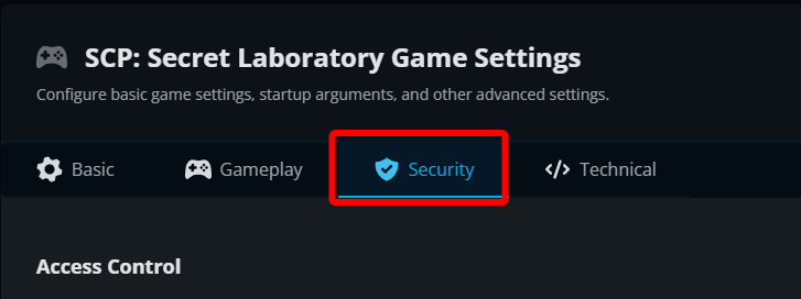 The Nodecraft control panel menu for SCP: Secret Laboratory Game Settings, with a red box highlighting the Security tab located between the Gameplay and Technical options.