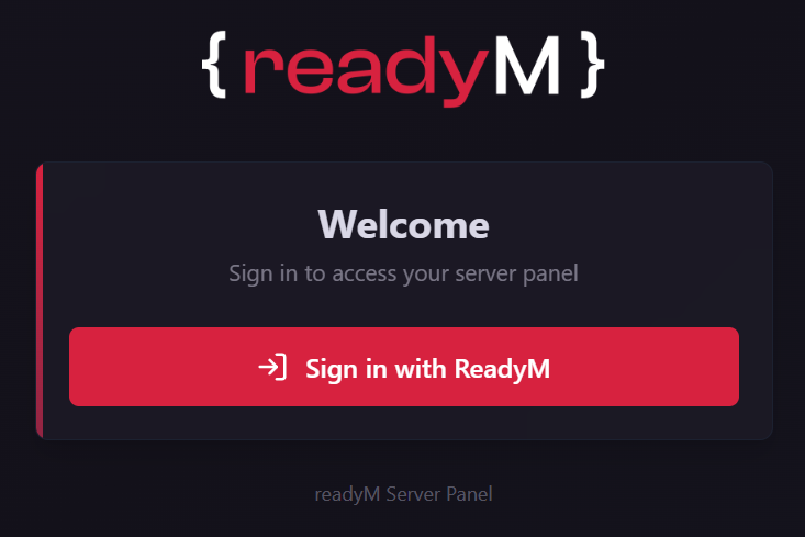 A login screen for the ReadyM Server Panel featuring the ReadyM logo and a red 