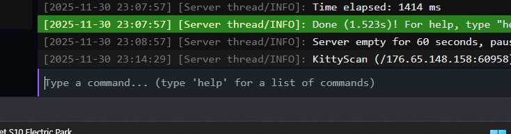Dark terminal showing server logs with timestamps, green-highlighted 'Done (1.523s)!' and a prompt 'Type a command...'