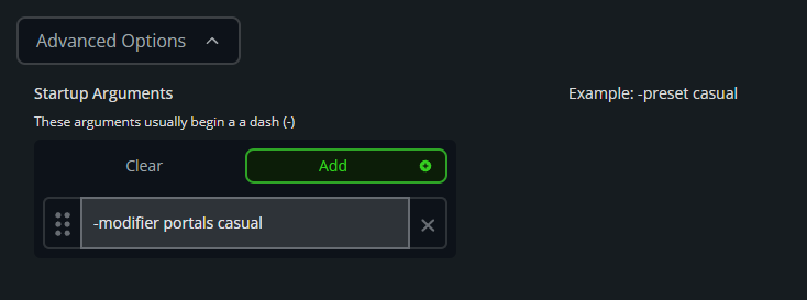 The Valheim Advanced Options section showing the Startup Arguments field with -modifier portals casual entered.