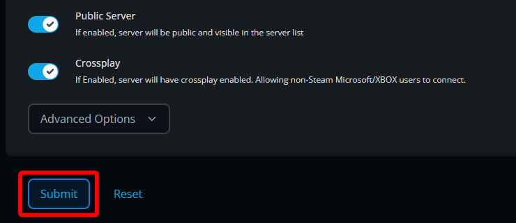 The lower section of the Valheim Basic settings page showing the Submit button beneath the Public Server and Crossplay options.