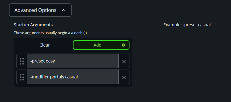 The Valheim Startup Arguments section showing both -preset easy and -modifier portals casual entered as separate startup arguments.
