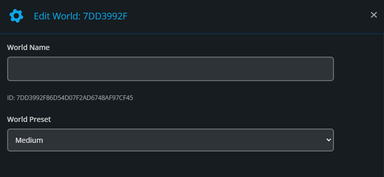 Nodecraft Windrose world settings window showing the World Name field and World Preset dropdown.