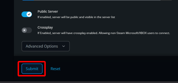 The lower section of the Valheim Server Settings page showing the Submit button highlighted beneath the Public Server and Crossplay options.