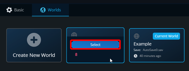 StarRupture Worlds page showing an uploaded world with the Select button highlighted.