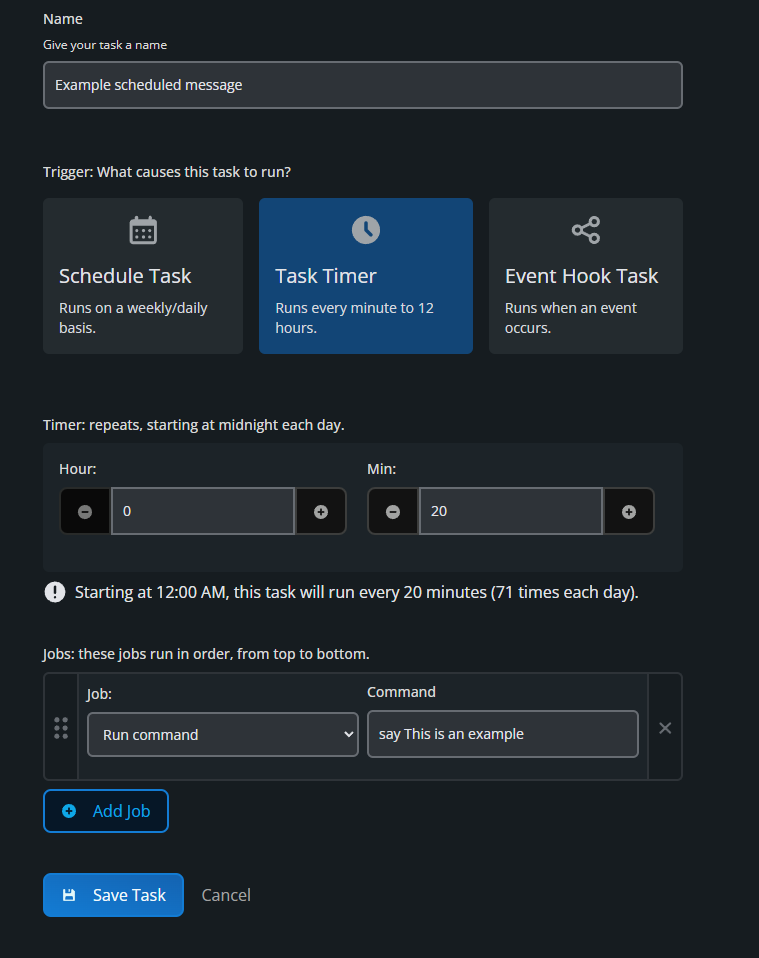 Creating a new automated task for a Hytale server on Nodecraft.