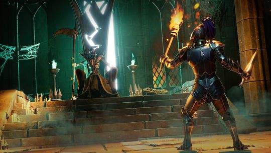 A player character in ornate blue and gold armor holding a torch, approaching a mysterious figure seated on a stone throne inside a dark, ancient temple.