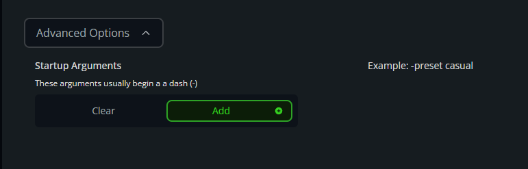 The Valheim Advanced Options section showing an empty Startup Arguments area with the Add button available.