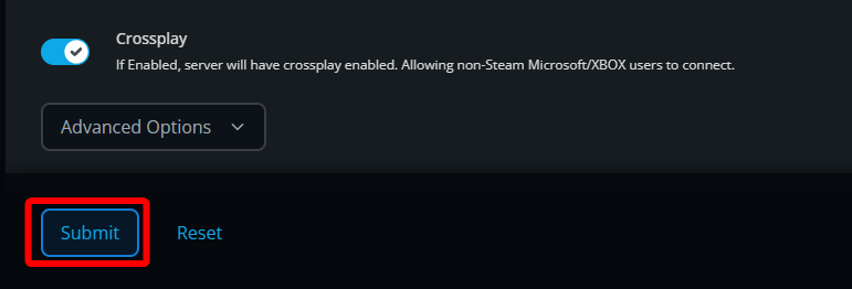The lower section of the Valheim Basic settings page showing the Crossplay option enabled and the Submit button highlighted.