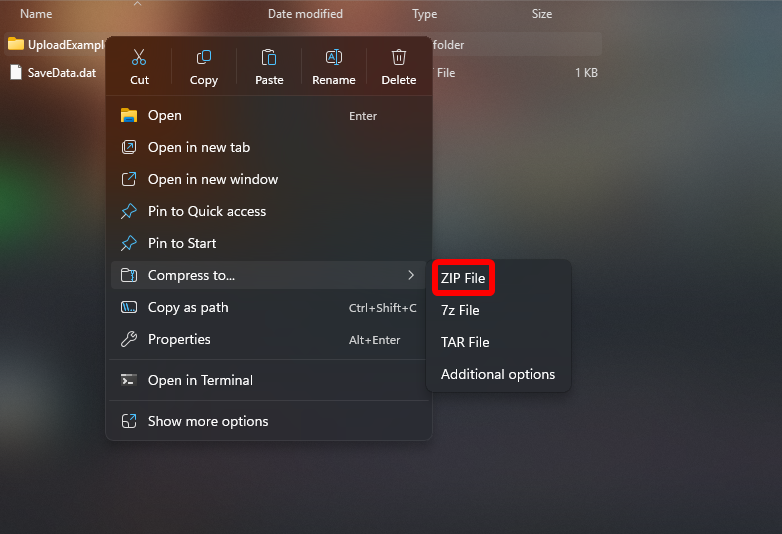 Windows File Explorer context menu showing the option to compress a StarRupture world folder to a ZIP file.