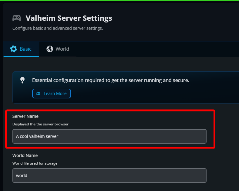 The Valheim Server Settings page in the Nodecraft panel with the Server Name field highlighted under the Basic settings tab.
