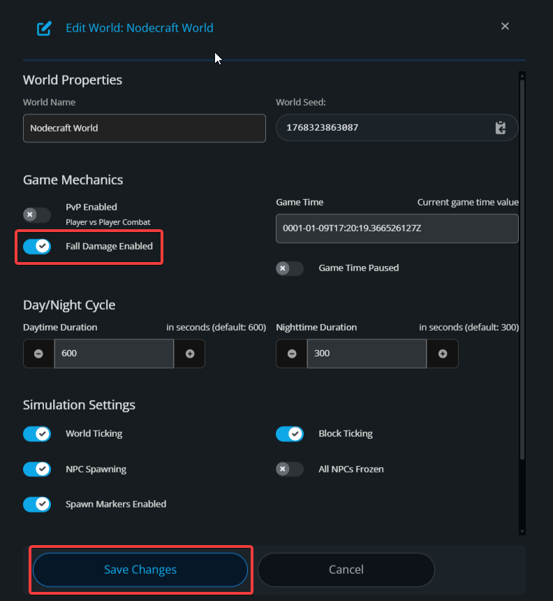 Edit World window showing the fall damage toggle enabled.