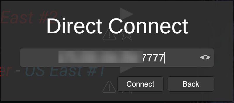 The Direct Connect text prompt in SCP: Secret Laboratory, showing a server IP address and port 7777 entered into the input box above the Connect and Back buttons.