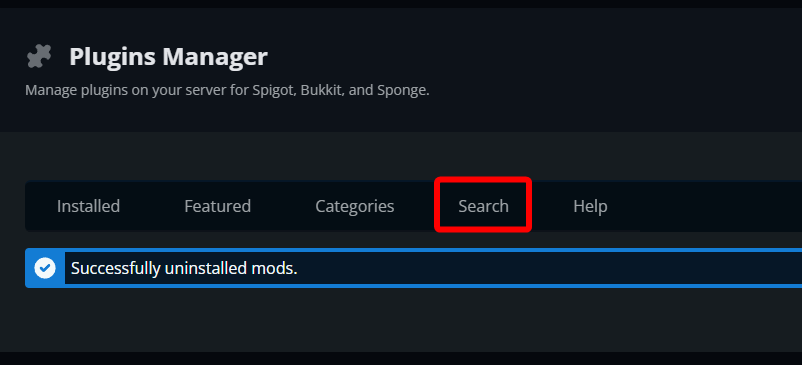 Nodecraft Plugins Manager interface displaying the Search tab selected with a confirmation message indicating mods were successfully uninstalled.