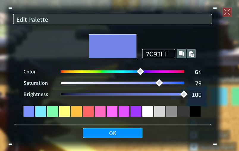 Edit Palette menu in Palworld showing color selection sliders for hue, saturation, and brightness, with a blue color currently selected.