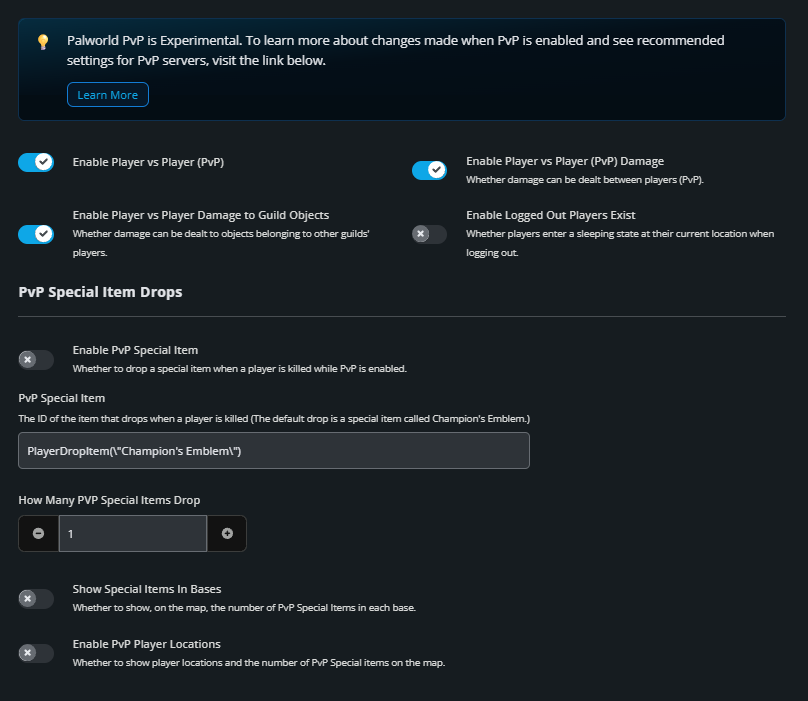 Nodecraft PvP settings panel showing PvP enabled, player damage options, and PvP special item drop settings.