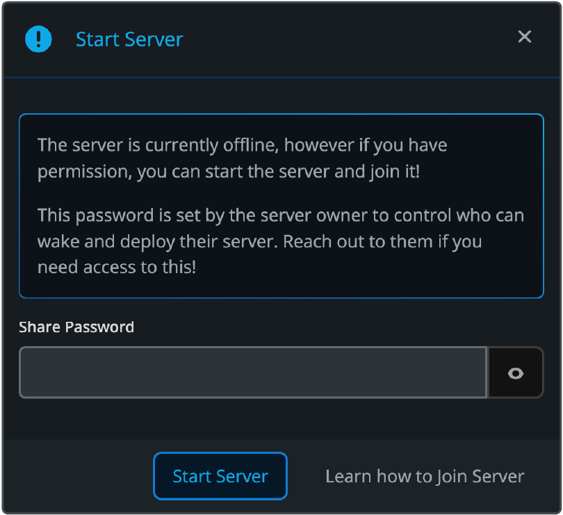 Dialog box titled "Start Server" with instructions to start a server if offline. Includes a password field and buttons for starting the server.