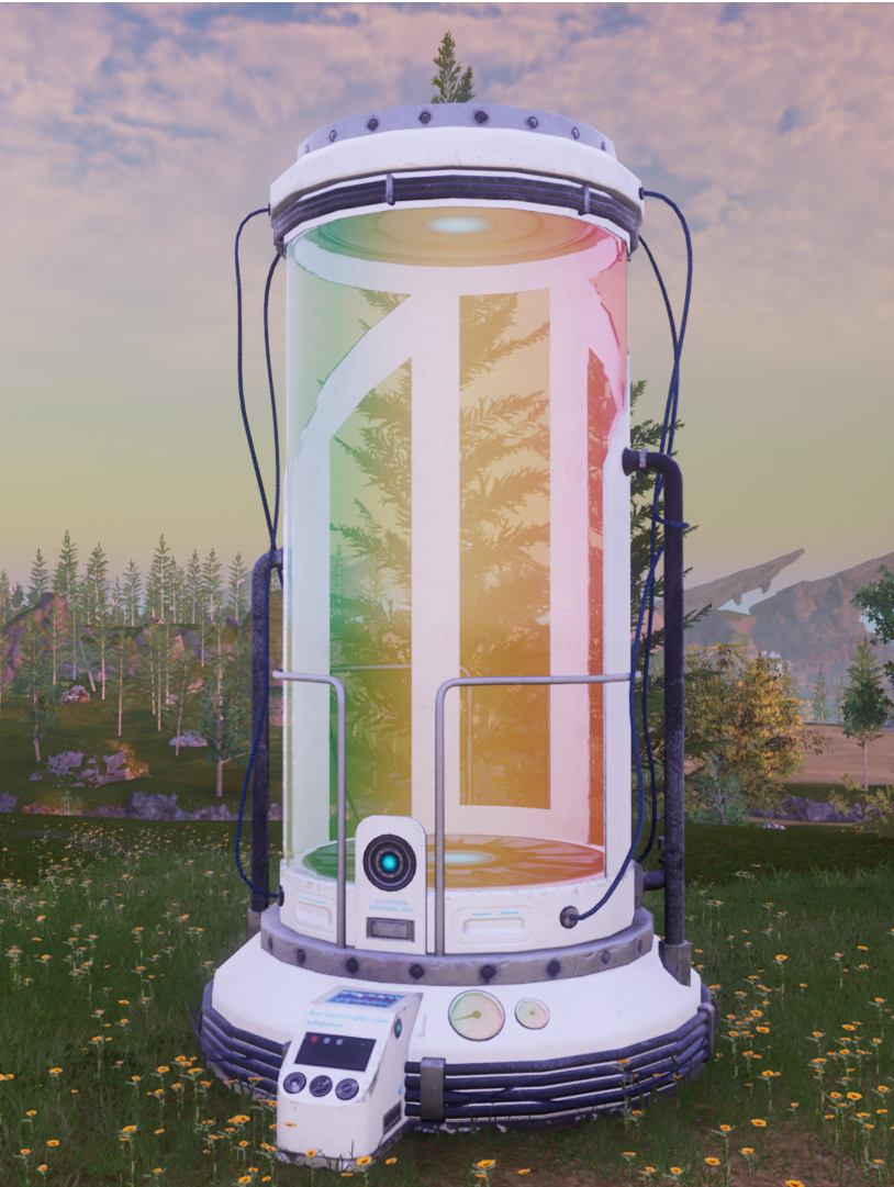 A pal condensor in the game Palworld. It is a white and rainbow tube with a control panel on the front.